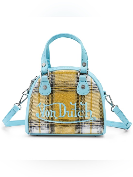 Von Dutch Handbags - Von Dutch Yellow Plaid Mini Satchel with Light Blue Trim
